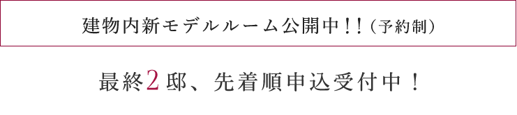 建物内新モデルルーム公開中!!(予約制)
≪先着順販売価格≫
1LDK 3,188万円台〜 月々8万円から購入可能
2LDK 4,398万円~ 月々8万円台から購入可能