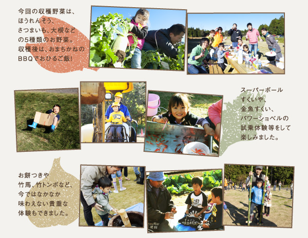 5種類の野菜を収穫し、金魚すくいやパワーショベルの試乗体験などをして楽しみました。
